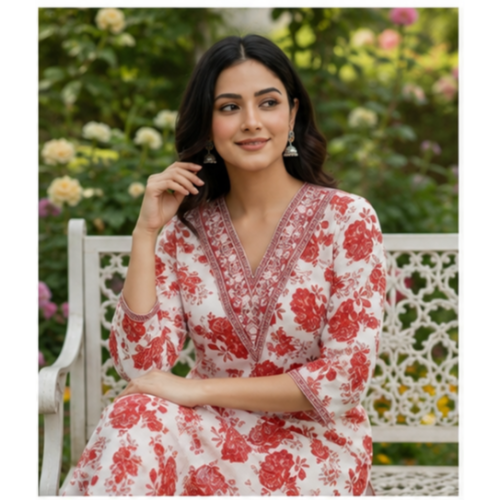 Women's Floral Printed Cotton Kurta Pant Set | Elegant V-Neck Ethnic Co-Ord Set with 3/4 Sleeves, Red