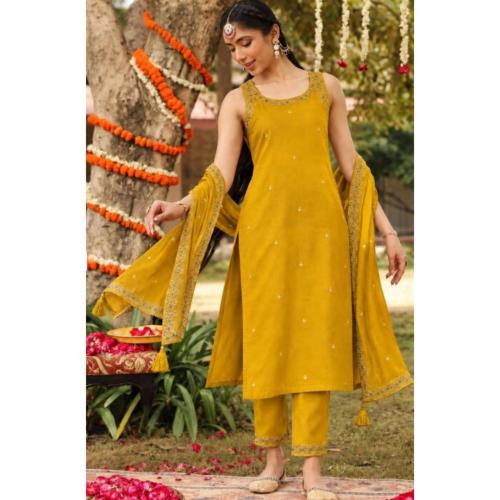Women’s Embroidered Roman Silk Kurta Set with Trousers & Dupatta