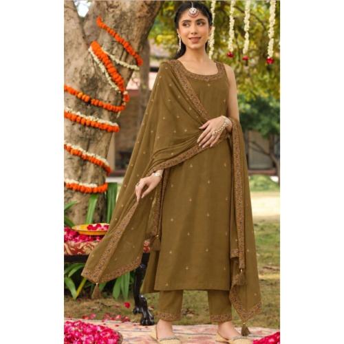 Women’s Embroidered Roman Silk Kurta Set with Trousers & Dupatta
