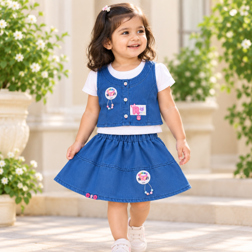Baby Girls Denim Skirt Set with White T-Shirt & Sleeveless Denim Jacket | 3-Pcs Casual Western Wear Outfit For Baby Girl