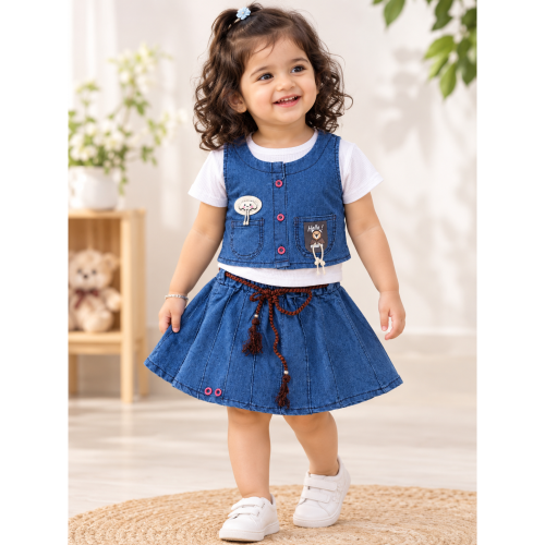 Baby Girls Denim Skirt Set with White T-Shirt & Sleeveless Denim Jacket | 3-Pcs Casual Western Wear Outfit For Baby Girl