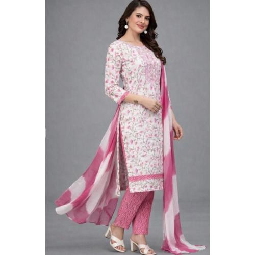 Women White & Pink Floral Printed Straight Kurta with Trousers & Ombre Dupatta
