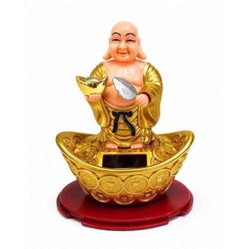 Laughing Buddha Figurine on Gold Ingot with Lucky Coins, Feng Shui Wealth Decor, Resin Statue