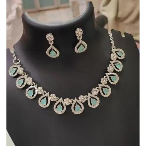 Rhodium-Plated Necklace Jewellery Set in Pista Mint Green Colour
