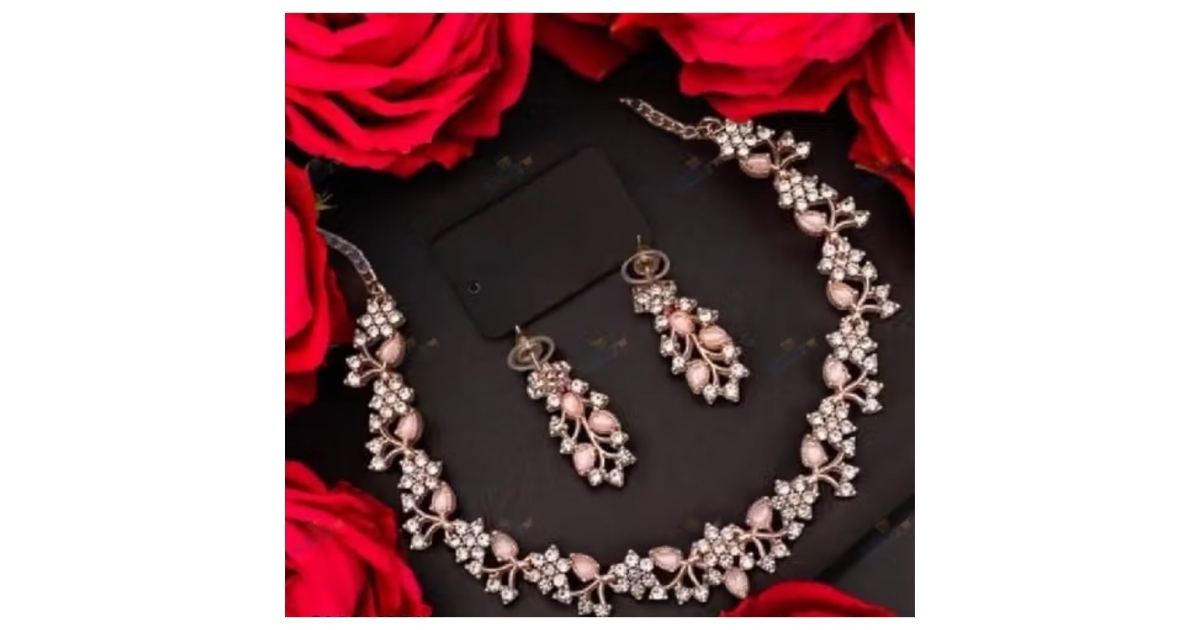 Rose Gold-Plated Stone Choker Necklace Jewellery Set with Earrings for ...