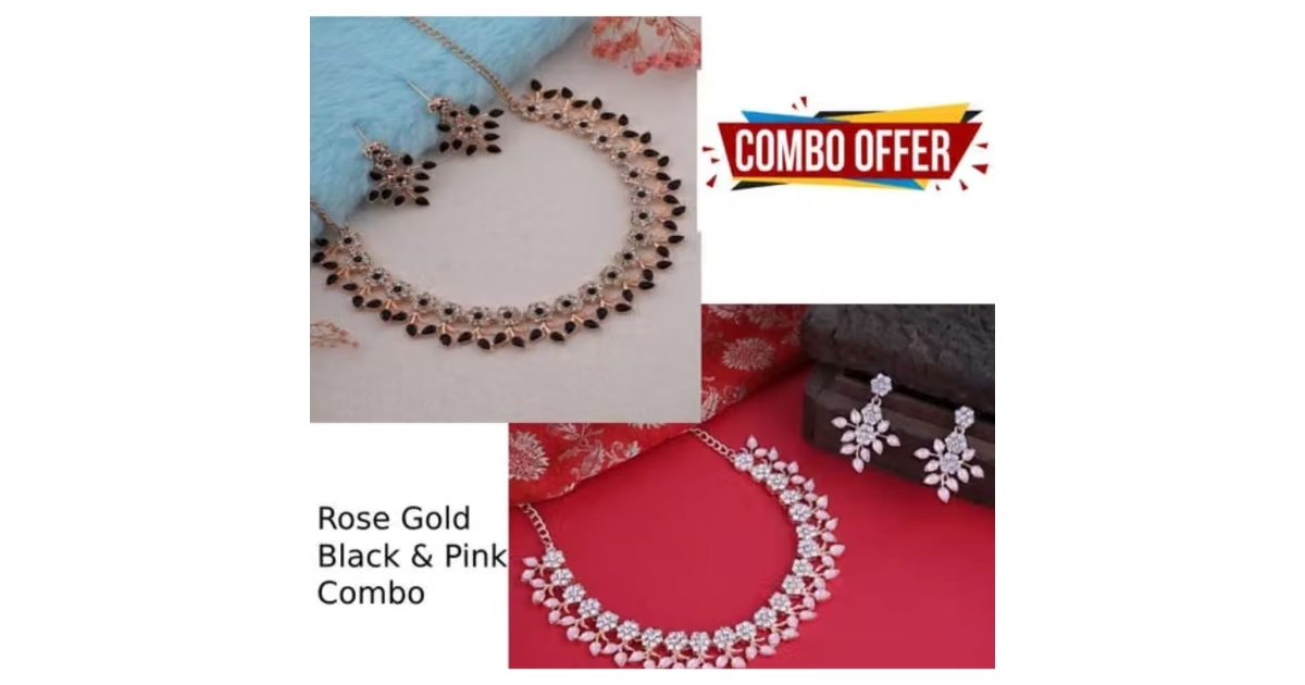Rose Gold-Plated Black & Pink Stone Choker Necklace Jewellery Combo Set ...