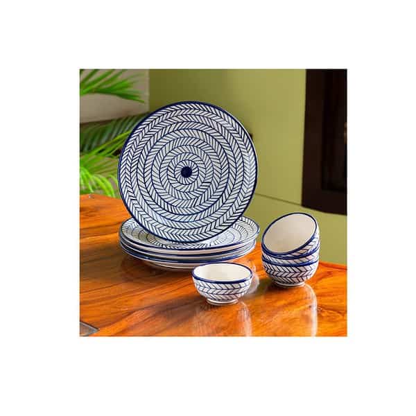 ExclusiveLane Indigo Chevron Handpainted Ceramic Dinner Set - LXINDIA.COM